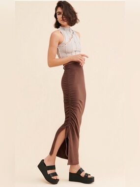 Anthropologie Bayse Rucked Midi Chocolate Skirt , XL
